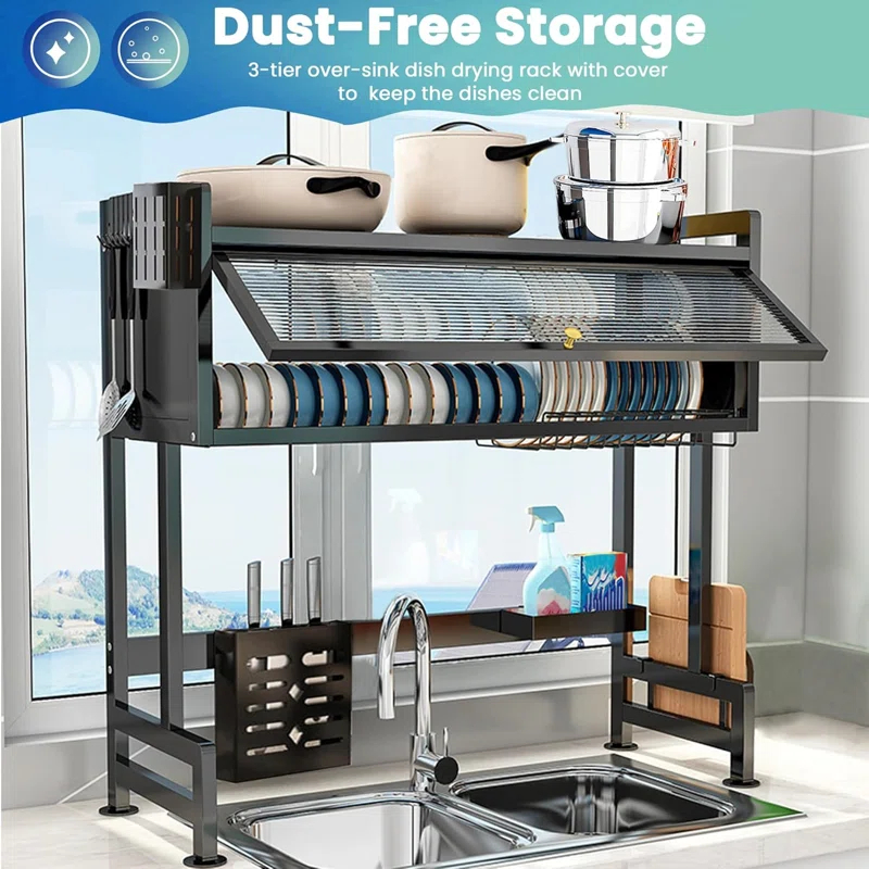 PAVORA 3 Tier Above Sink Dish Drainer Drying Rack, 33.5” Above Sink Dish Rack for Small Kitchens, Space Saving Drying Racks