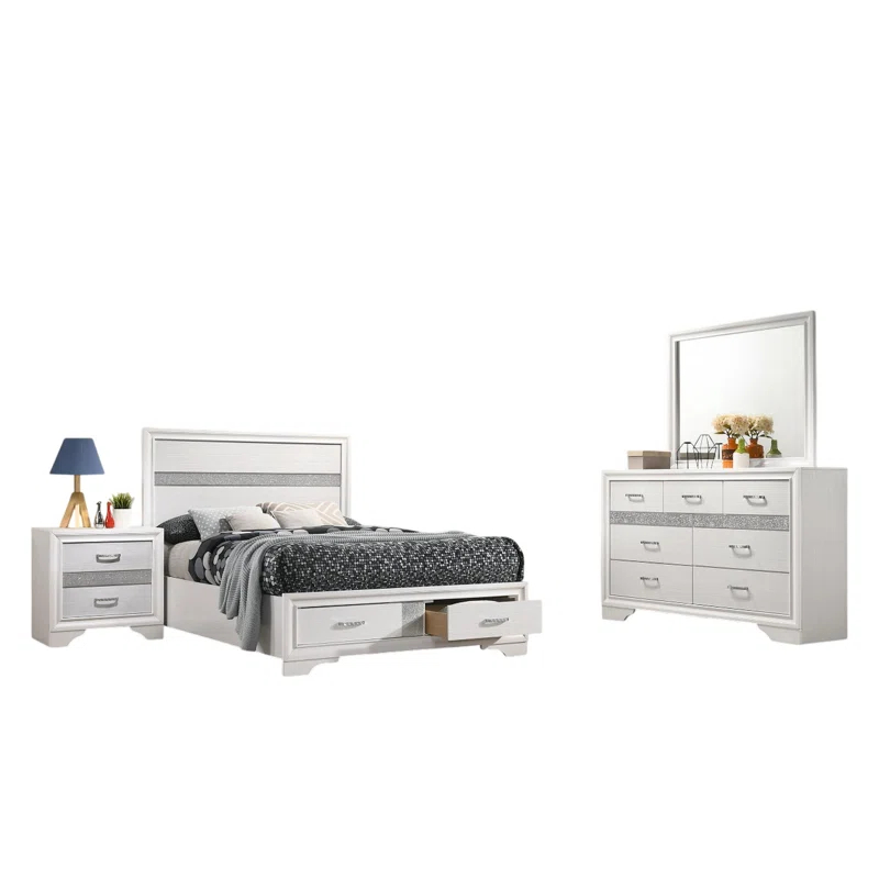 Benjara Vino 4Pc Bedroom Set, Storage Footboard, Glitter Stripes