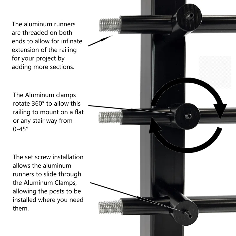 Concept Fusion Modern Horizontal Adjustable Railing Banister System for Staircases Balconies and Decks Complete Guard Railing Kit