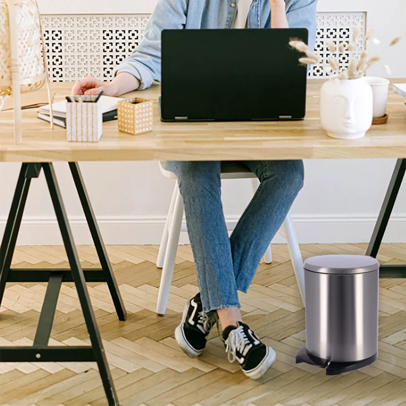 Evideco Soft Close Lid Round Metal Step on Trash Can Waste Basket  6-liters-1.6-gal.