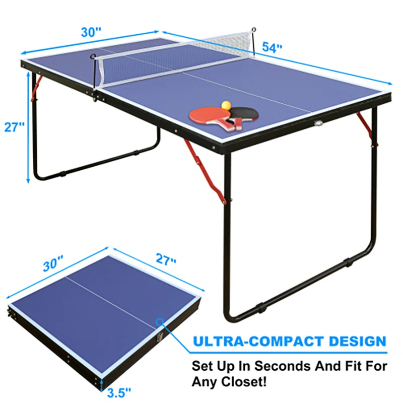 ALPHANEO Table Tennis Table Midsize Foldable  And  Portable Ping Pong Table Set With Net And 2 Ping Pong Paddles For Indoor Outdoor Game