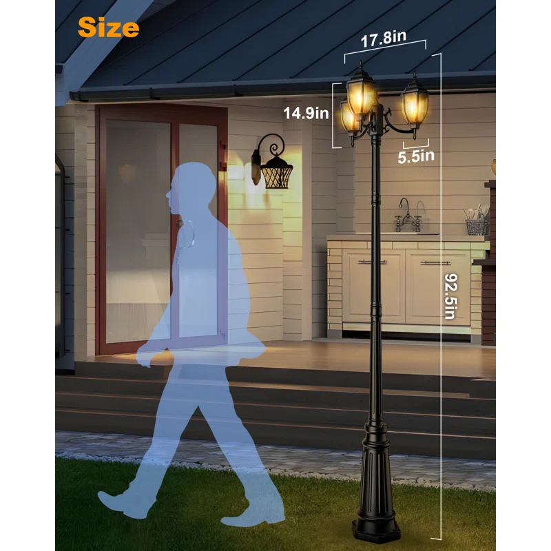 HONGKONG YEEZEN LIGHTING CO., LIMITED Lamp Post Outdoor Lighting, 3-Head Black Hard Wired Pole Light For Outside, E26 Base Maximum 100W (Bulb Not Included), Waterproof Street Light Fixture For Yard, Garden, Driveway (Classic)