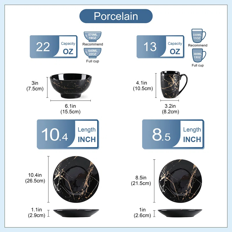 Plates And Bowls Sets For 4, Porcelain Dinnerware Sets  Gold Splash Glaze Ceramic Dish Set, Round Dinner Set With Mugs, Dishwasher Microwave Safe,(Black/16 Piece)
