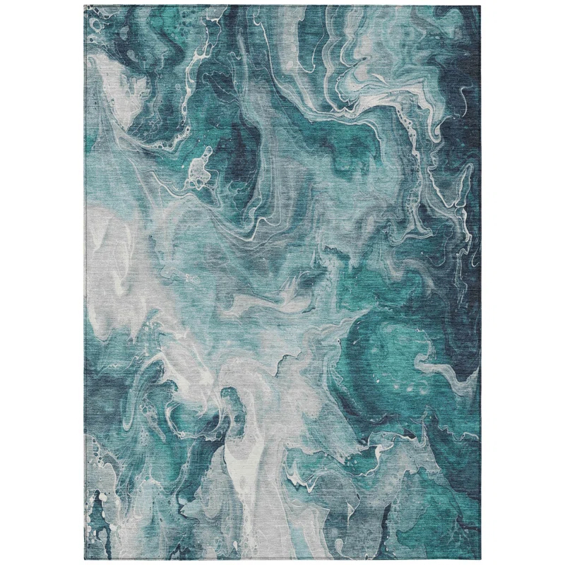 Machine Washable Indoor/Outdoor Cinead ACN1687 Teal Rug