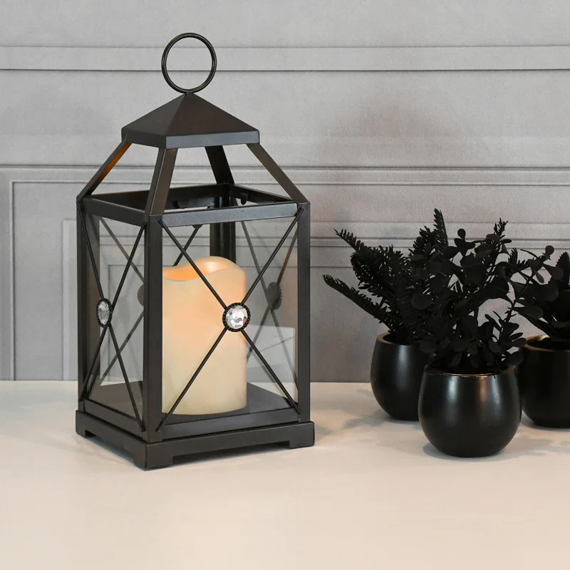 LumaBase Black Gem Metal Lantern with Battery-Operated Candle