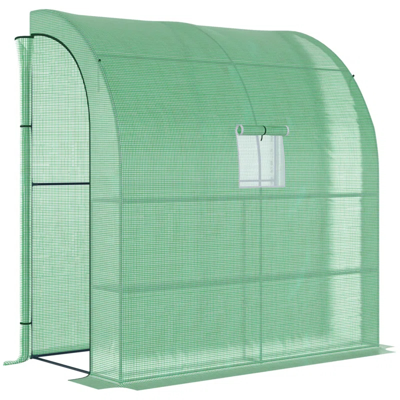 HLILish Outsunny 7' X 3' X 7' Lean To Greenhouse, Walk-In Green House, Plant Nursery With 2 Roll-Up Doors And Windows, PE Cover And 3 Wire Shelves