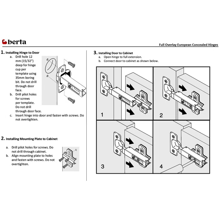 Berta Full 105 Degree Concealed Frameless Overlay Hinge