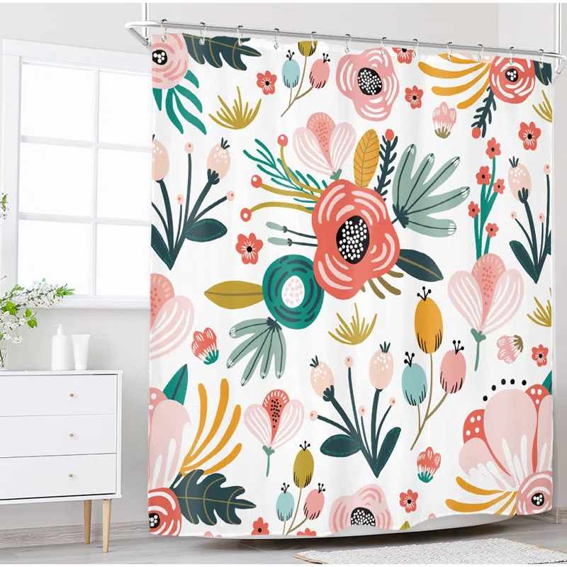 Red Barrel Studio® Pink Floral Shower Curtain For Bathroom Decor 72Wx72h Watercolor Colorful Flower Tropical Leaves Spring Botanical Sage Green Art Printed Fabric Polyester Waterproof 12 Pack Plastic Hooks
