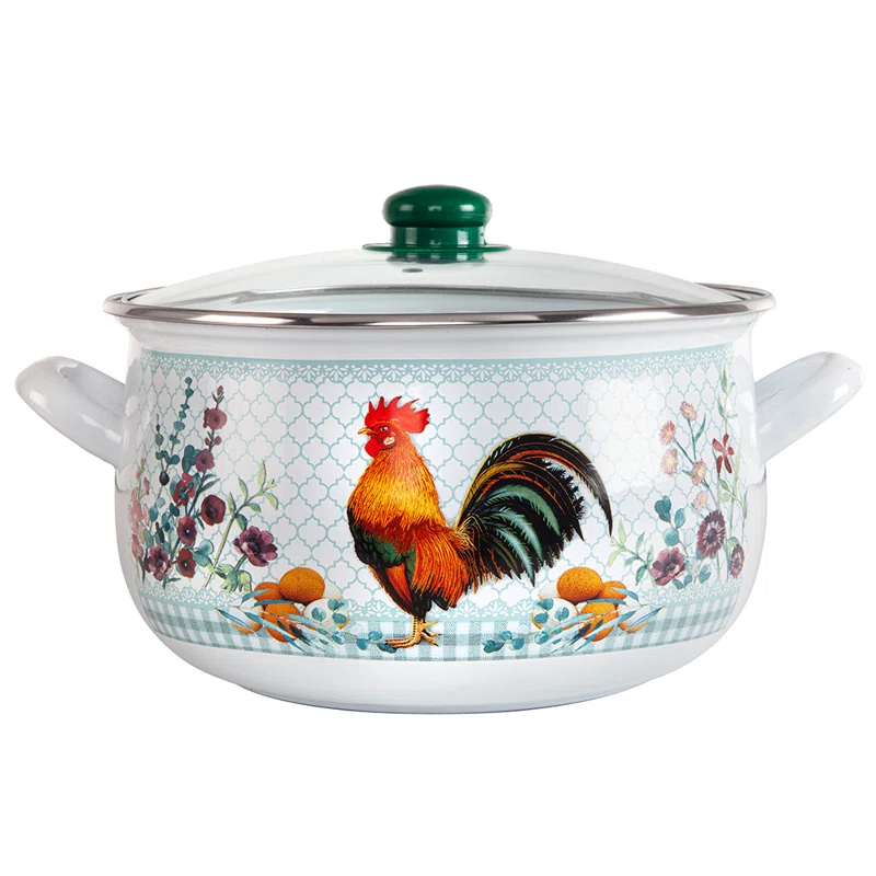 STP Goods Traditional Country Style Enamel Rooster Belly Deep Casserole With Glass Lid