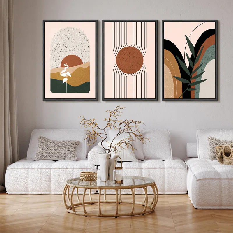IDEA4WALL Mid Century Modern Boho IDEA4WALL Framed Canvas Print Wall Art Set Geometric Tropical Landscape Abstract Shapes Illustrations Minimalism Bohemian Decorative For Living Room, Bedroom, Office - 24"X36"X3 Natural