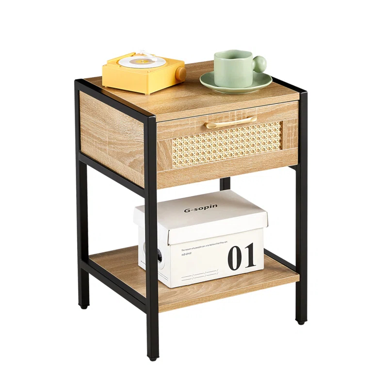 Bay Isle Home™ 15.74" Rattan End Table With  Drawer, Modern Nightstand, Metal Legs,Side Table For Living Room, Bedroom(1 Pc)