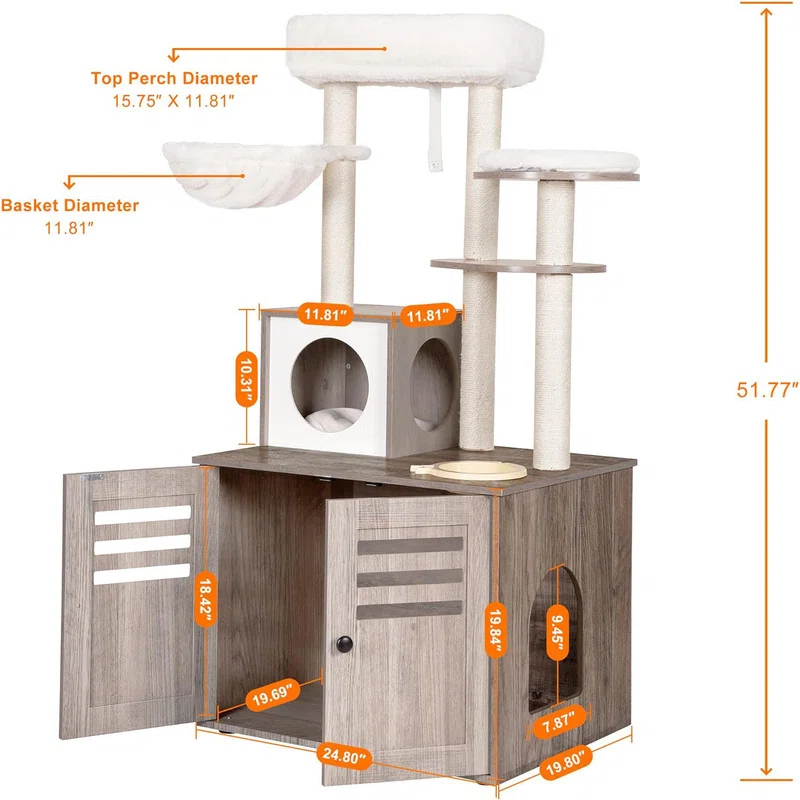 Wood Litter Box Enclosure with Food Station, All-in-one Indoor Cat Furniture with Large Platform and Condo