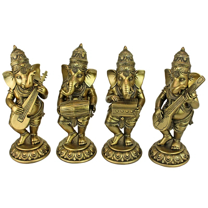 Design Toscano Hindu Gods Lord Ganesha Musical Elephant 4 Piece Figurine Set