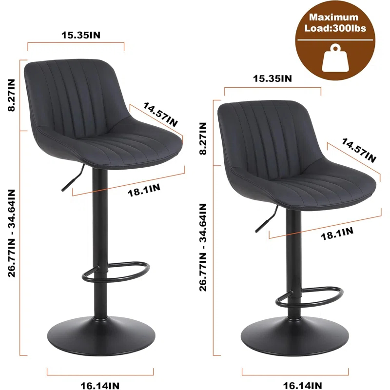 Corrigan Studio® Bar Stools Set of 3, Swivel Counter Height Barstools with Back, Adjustable PU Leather Bar Chairs, Modern Armless Kitchen Island Stool, Black