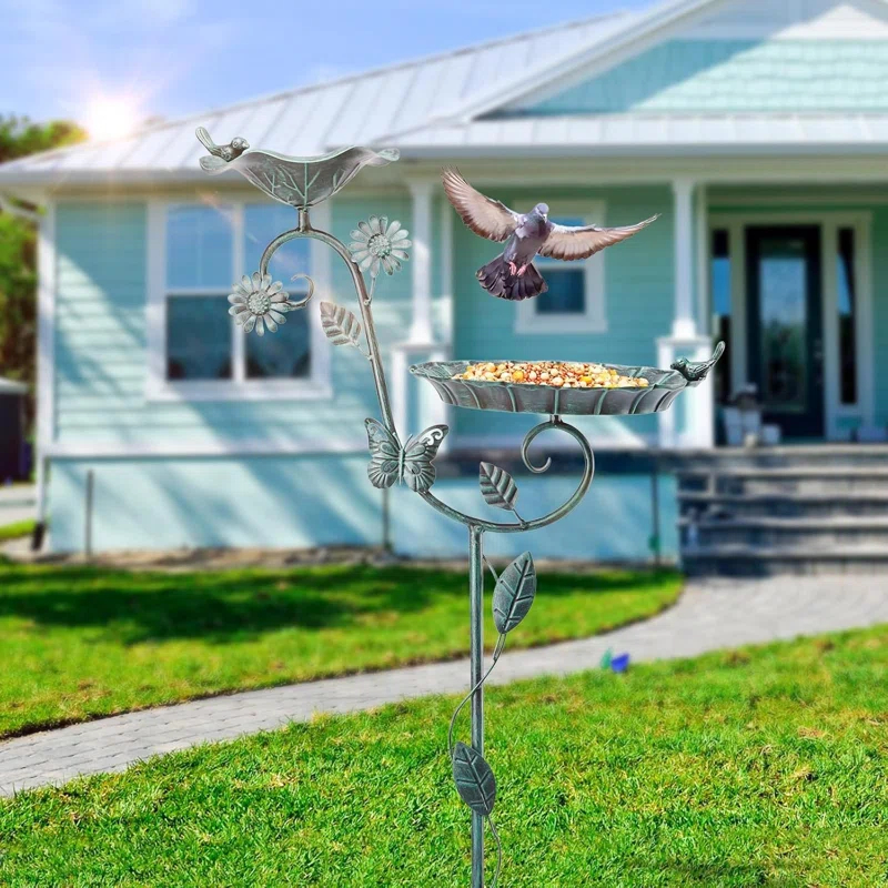 Ophelia & Co. Bird Baths And Feeder For Outdoors, 53 Inch Height Metal Birdbath Antique Garden Bird Feeder With Metal Stake For Garden Outside Yard Lawn Decorations, Green