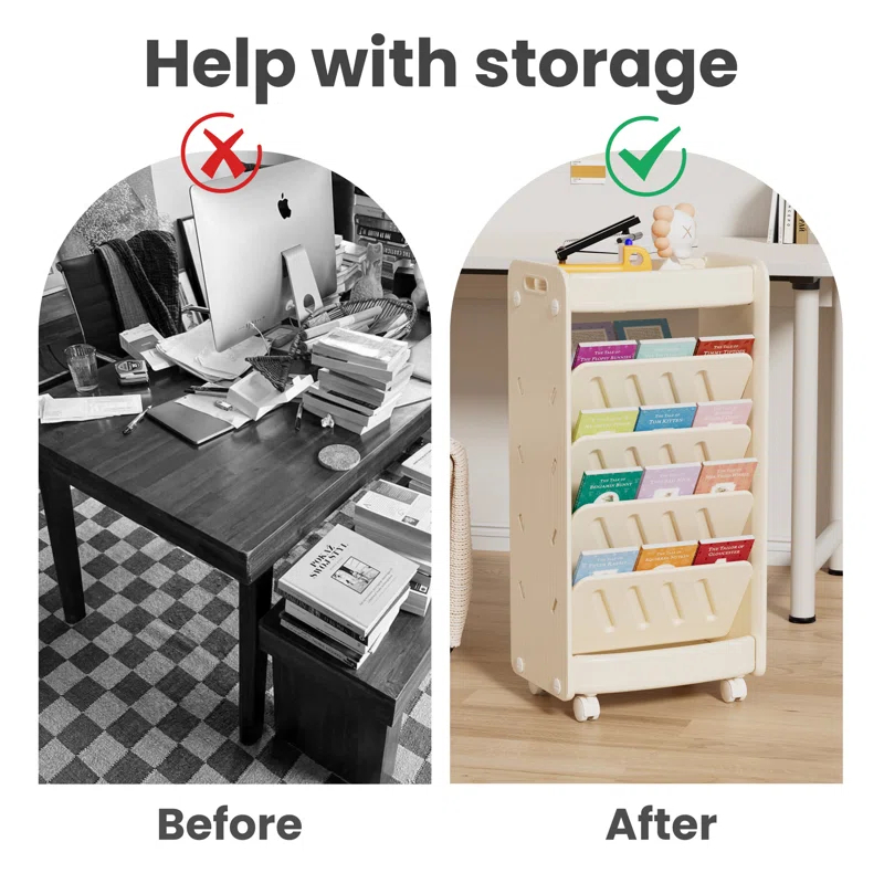 hoopyosms 6-Tier Double-Sided Kids Bookshelf With Wheels, Slanted Shelves & HDPE Material - Beige, Mobile Book Storage For Bedroom Or Playroom