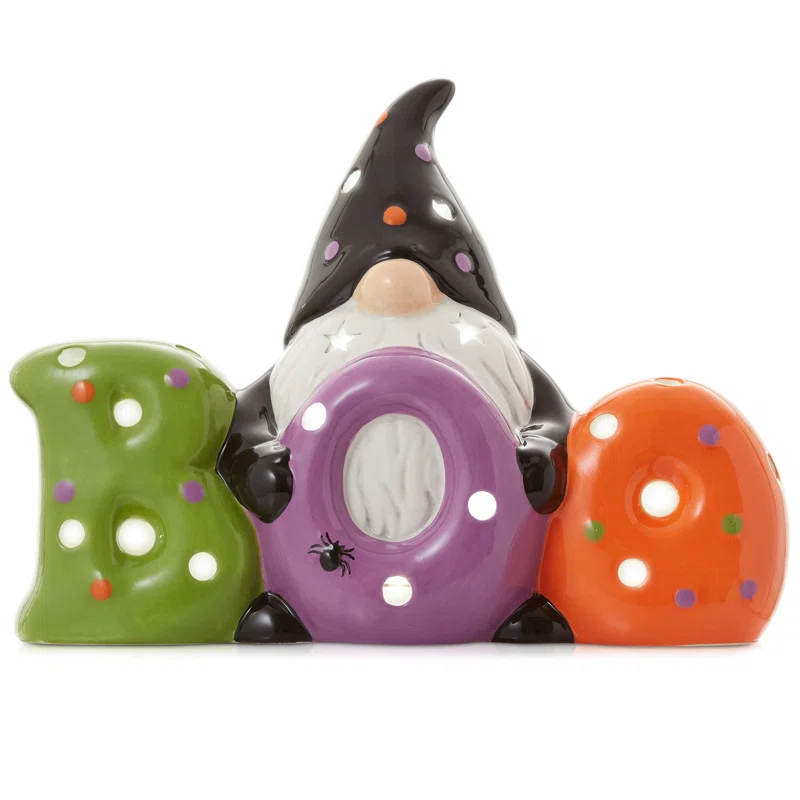 Pre-Lit Ceramic Halloween BOO Gnome Hand-Painted Tabletop Decor