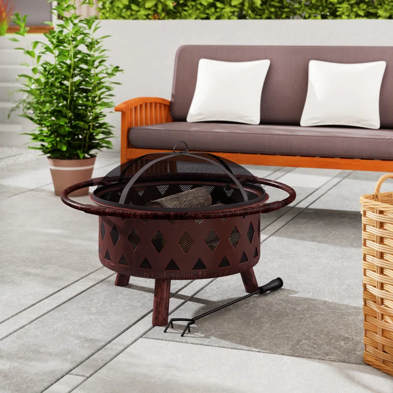 Alcott Hill® Mast Round Wood-Burning Bronze Finish Crossweave Fire Pit with Screen and Poker