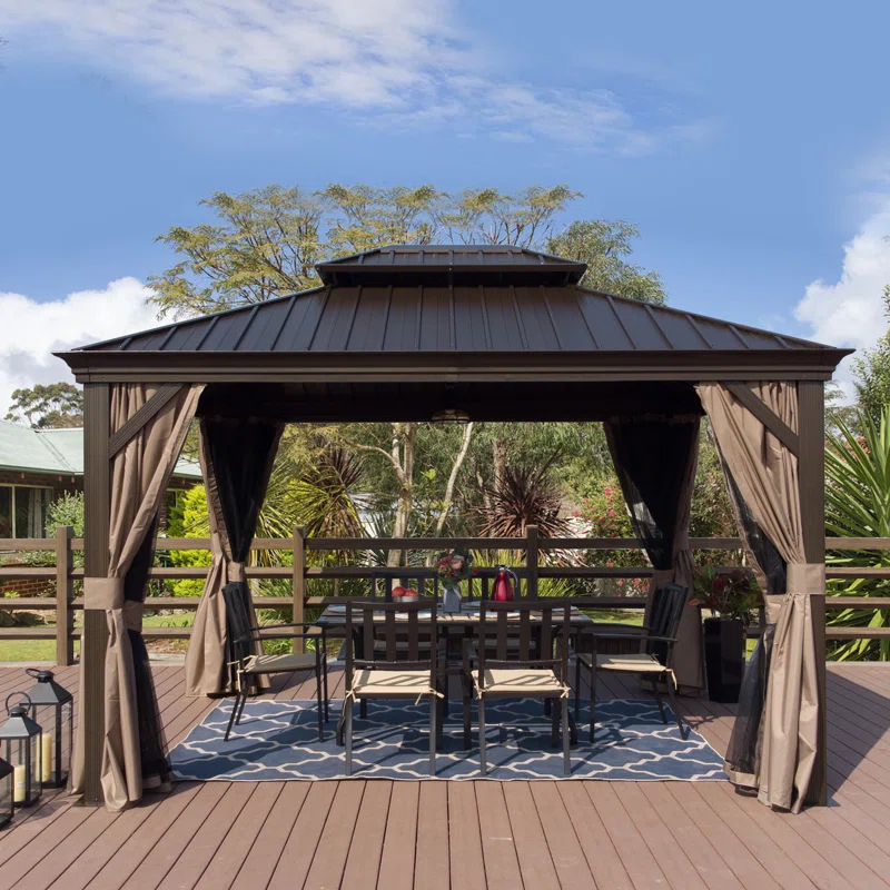 Arlmont & Co. Istref 10x12 Dark Brown Double Roof Hardtop Gazebo with Curtain and Mosquito Netting