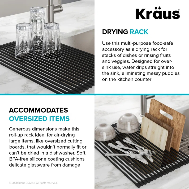 Kraus KRAUS Roll Up Dish Drying Rack With Self-Draining Silicone Dish Drying Mat And Silicone Soap Dish Holder, KDM-KRM-10DG
