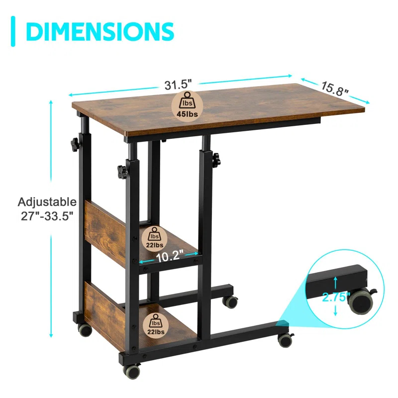 17 Stories Hadulcet C Shaped Side Table Adjustable, Height Adjustable C Table With Wheels And Storage Shelves For Couch Bed Recliner Rustic Brown