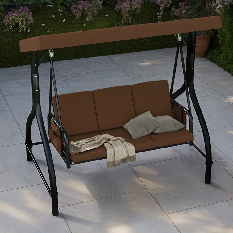 Arlmont & Co. 3-Person Porch Swing with Cup Holders with Removable Cushions and Convertible Canopy