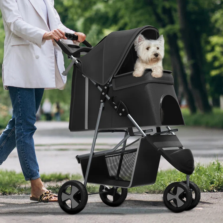ATCHISON Foldable Pet Stroller, 3 Wheels Folding Carrier Jogger Stroller for Dogs Cats with Canopy and Basket