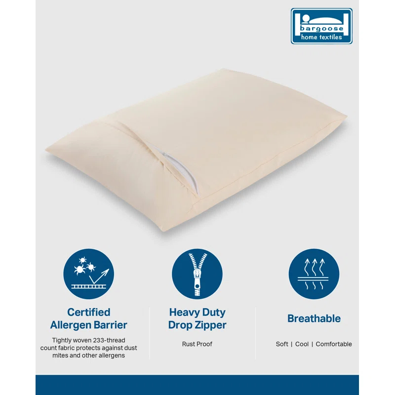 Cotton Zippered Pillow Protector, Blocks Dust Mites, Pollen, Pet Dander & Other Irritants