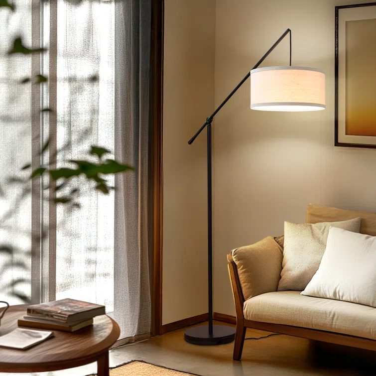 Brightech Hudson 70 in. Modern Height Adjustable LED Floor Lamp with Beige Fabric Drum Shade