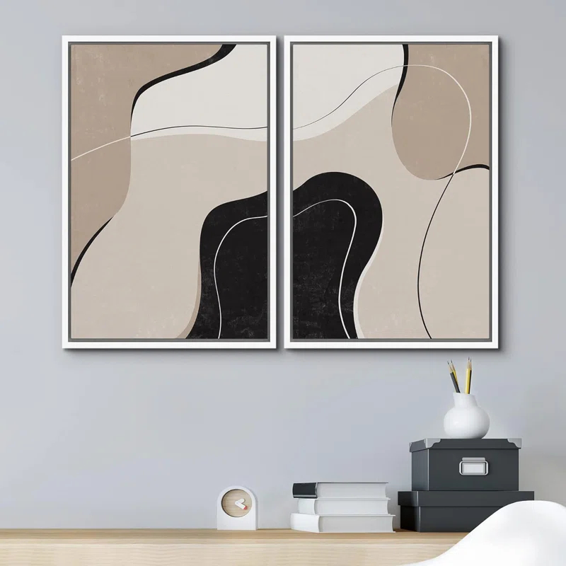 IDEA4WALL Mid Century Shape Brown Faded Black Abstract Modern Pictures Framed 2 Pieces Canvas Print Wall Art