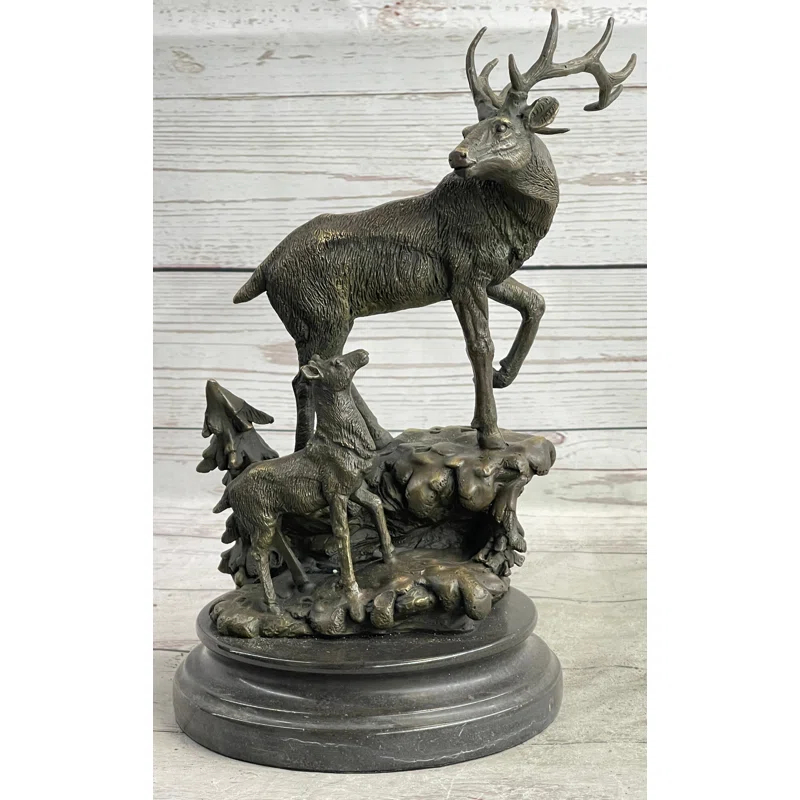 Loon Peak® Signed Original Male Stag with his Baby Fawn Bronze Sculpture Marble Base Statue