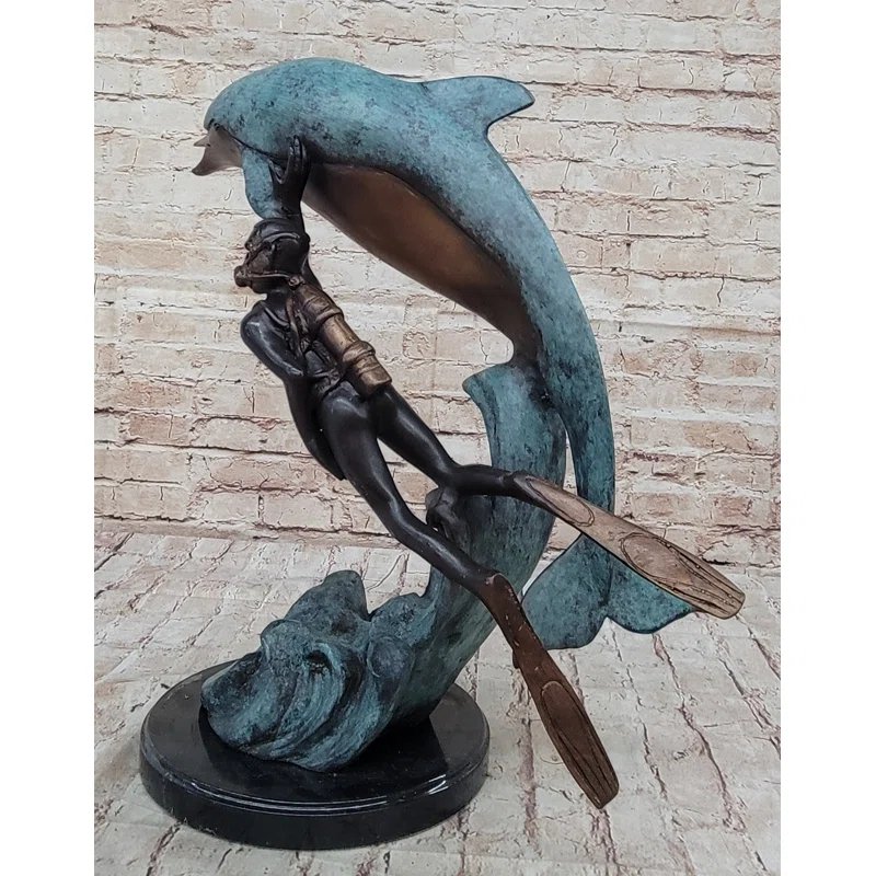 Rosecliff Heights Severy Scuba Diver  Imitative Dolphin Real Bronze Sculpture Statue Original Numbered Art By Marius