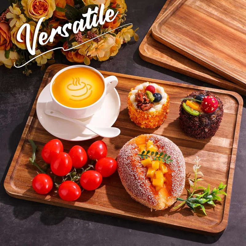 Millwood Pines 5 Pack Solid Acacia Wood Serving Trays, Rectangular Wooden Serving Board For Food Appetizer Serving Tray Plates For Vegetables Fruit Charcuterie Cheese Platters Home Kitchen Decor