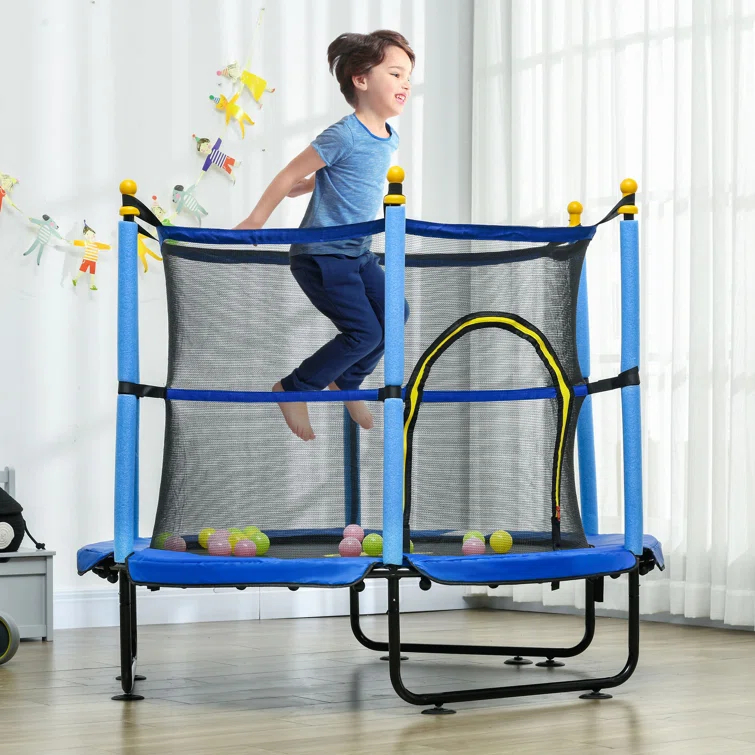 Qaba 4.6' Trampoline For Kids, 55 Inch Toddler Trampoline With Safety Enclosure & Ball Pit For Indoor Or Outdoor Use, Built For Kids 3-10 Years, Yellow