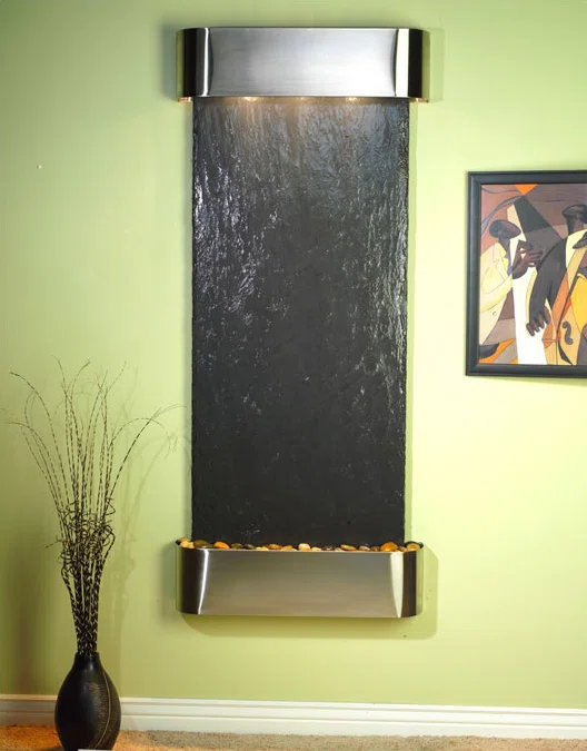 Green Marble and Blackened Copper Wall Fountain with Halogen Lighting