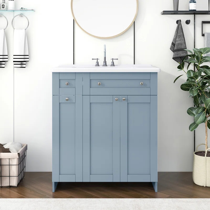 HLILish 30-Inch Bathroom Vanity With Ceramic Sink Combo, Abundant Storage Cabinet - 2 Soft Close Doors And Double-Tier Deep Drawer