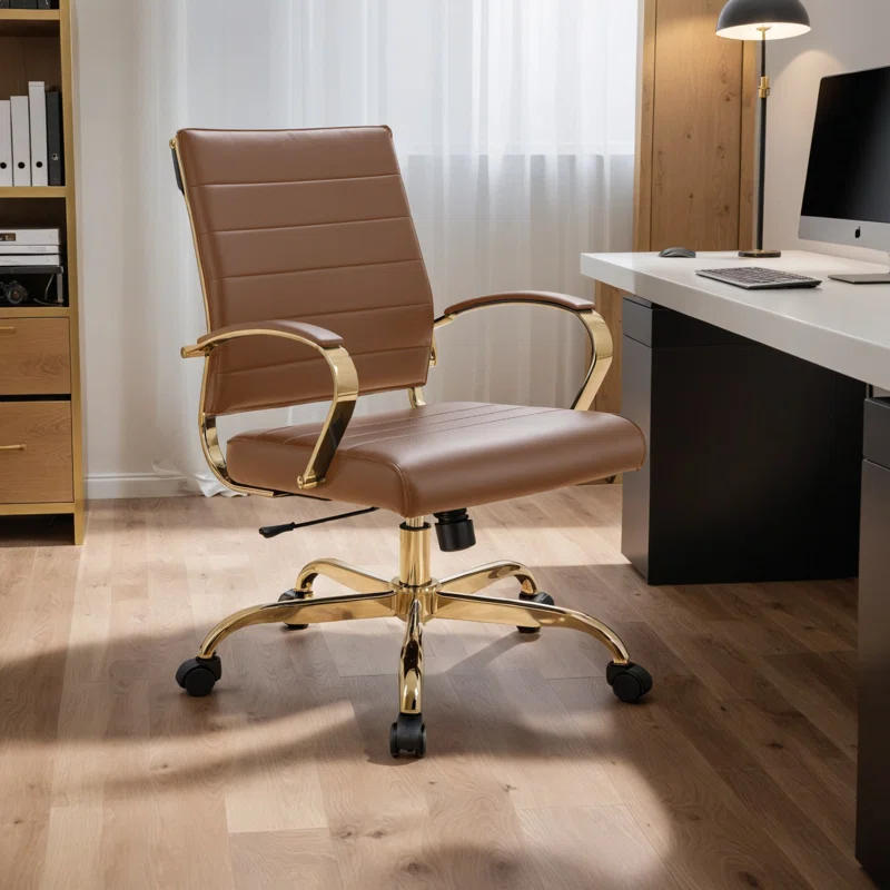 Everly Quinn Naudain Leather Office Chair – Modern Executive Swivel Task Chair with Wheels, Adjustable Height & Padded Arms for Desk or Conference Room