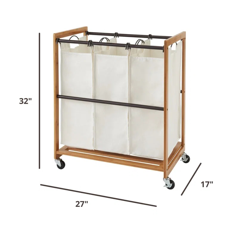 Trinity TRINITY EcoStorage 3-Bag Rolling Bamboo Laundry Cart w/ Poles