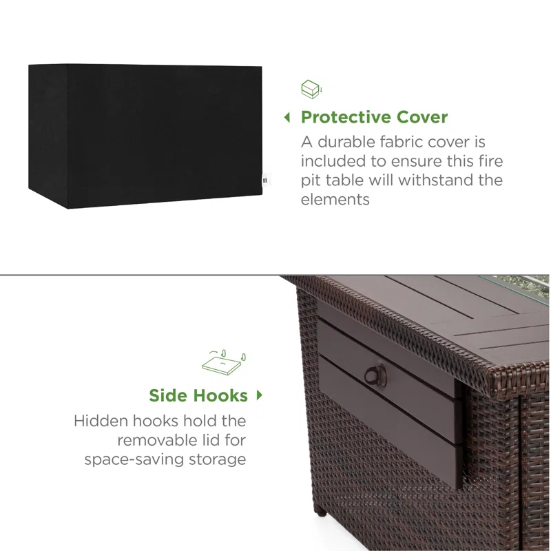 Wicker Propane Fire Pit Table, 50,000 BTU W/ Glass Wind Guard, Cover - 52In
