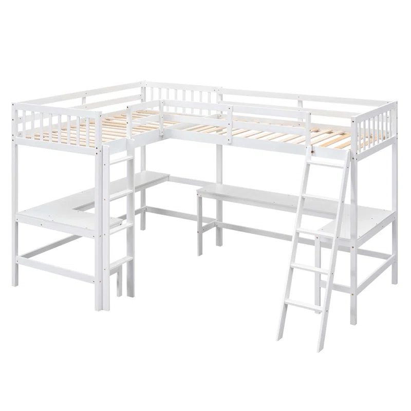 Blendoi Brooke Wood Twin Size L-Shaped Loft Bed with Ladder and 2 Built-in L-Shaped Desks, White