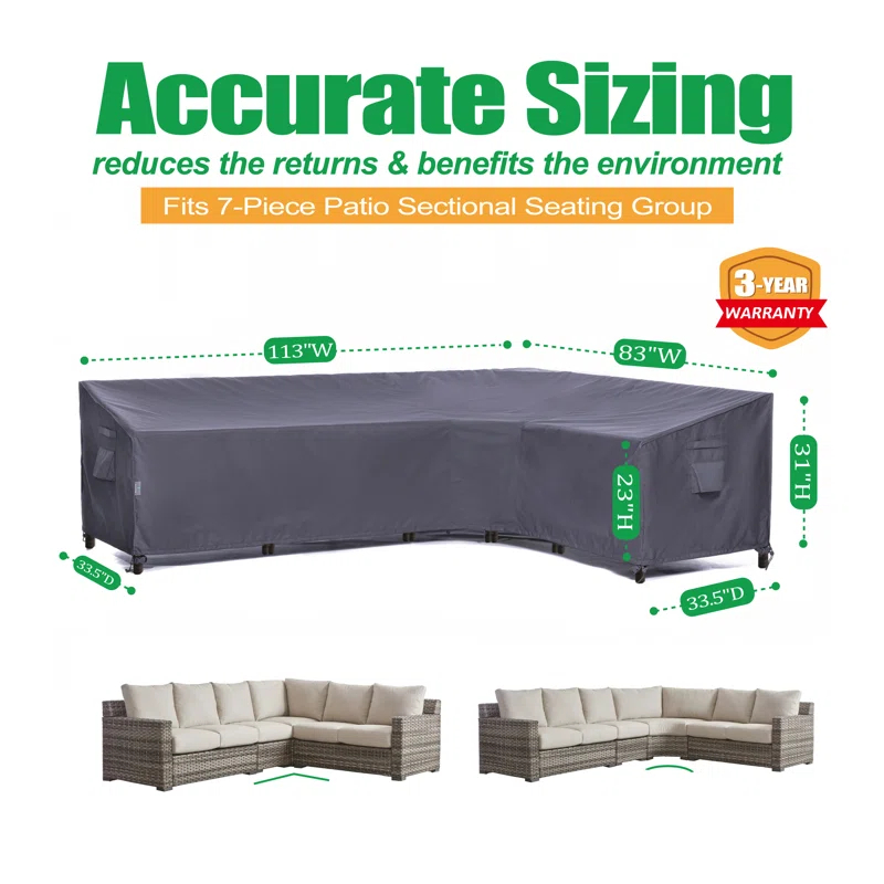 F&J Outdoors Premium Waterproof Outdoor Patio V-Shaped Sectional Sofa Cover: Latest Rip-Stop Fabric, 3-Year Warranty - (113" Left + 83" Right) W x 33.5" D x 31" H