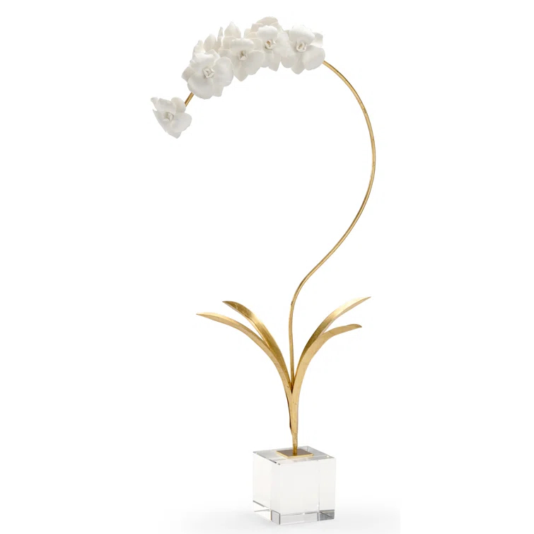 Elegant Matte White Ceramic Orchid Sculpture on Crystal Stand