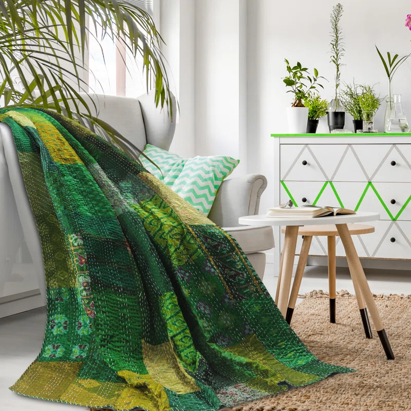 Rajani Home Handmade Kantha Silk Blend Throw Blanket