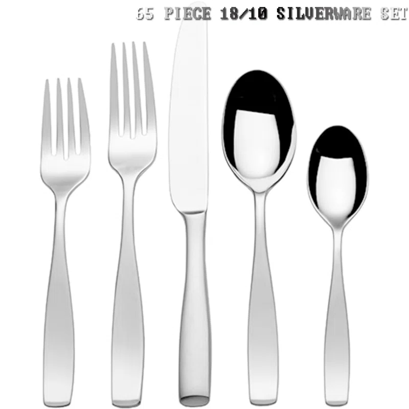 Hokku Designs Flatware Service for 12, 65 Piece Set, 18/10 Stainless Steel Silverware Set