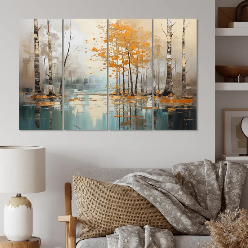 Birch Woods Golden Reflections I - Tree Birch Metal Wall Art Set