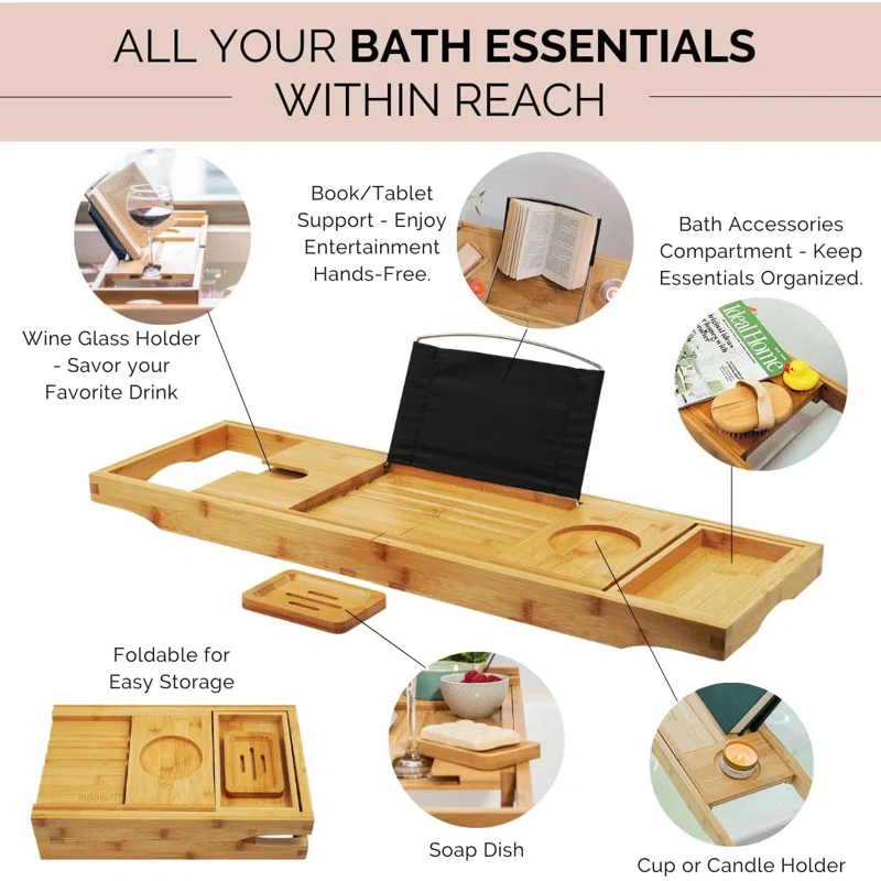 THE GLAMOUR BOUTIQUES Foldable Bamboo Bathtub Tray Caddy - Expandable Bath Tray For Tub | Secure, Non-Slip Bathtub Caddy Tray For Tub For Bath Accessories, Bath Stuff â€“ Perfect Relaxing Gifts And Spa Gift Set