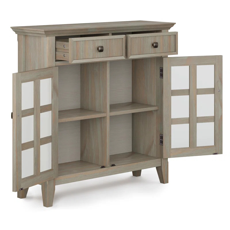 Simpli Home Acadian 36"W Solid Wood 2-Shelf Entryway Storage Cabinet with Glass Doors and 2 Drawers