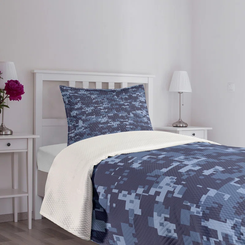 Ambesonne Ambesonne Camo Bedspread Set Grunge Camouflage Style Effect Pale Blue and Dark Blue