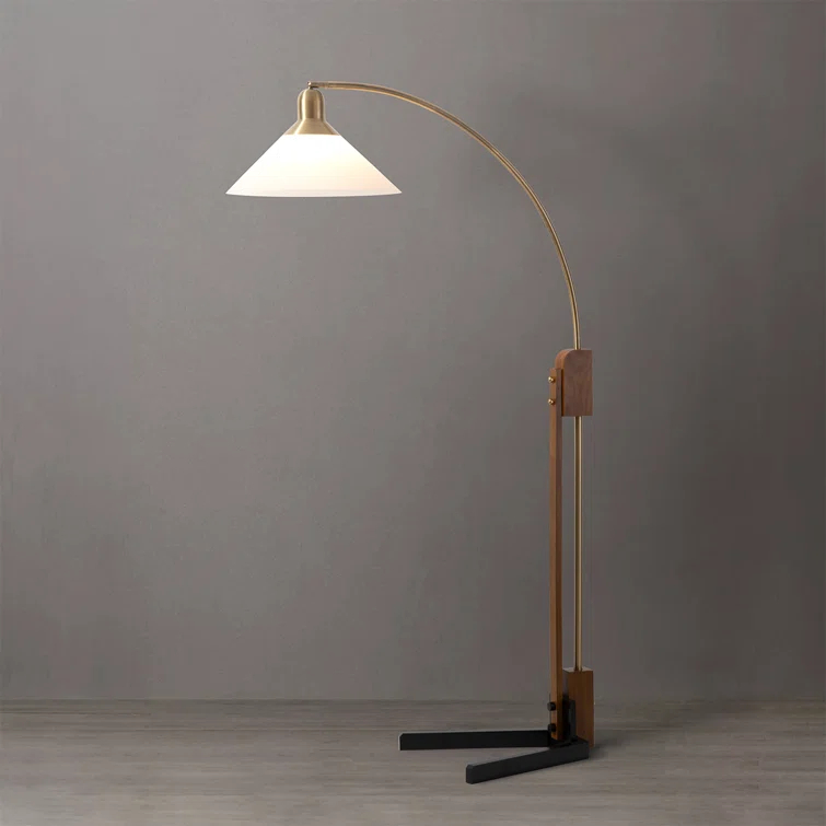 Nova of California Melmar Chairside Arc Floor Lamp - Weathered Brass & Walnut, Dimmer Switch, V-Base