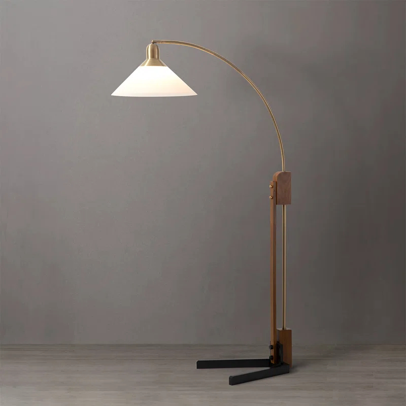Nova of California Melmar Chairside Arc Floor Lamp - Weathered Brass & Walnut, Dimmer Switch, V-Base